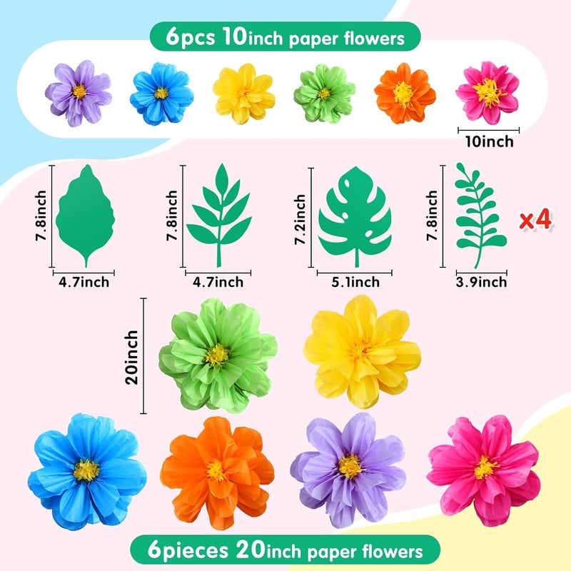 Geyee 12 Pcs 10" 20" Giant Mexican Fiesta Paper Flowers and 16 Pcs Leaves, Large Colorful Tissue Crepe Flowers Pom Poms Craft for Floral Backdrop Day of The Dead Birthday Party Decor(Cute Color) - Image 2